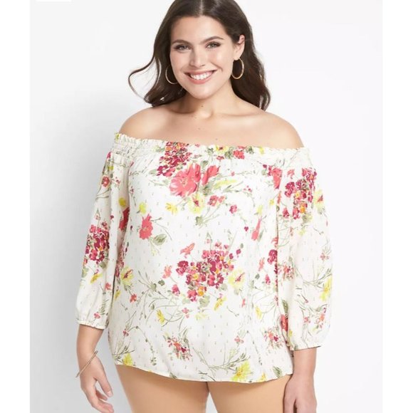 Lane Bryant Tops - Lane Bryant | Womens 22/24 Off Shoulder White Floral Print 3/4 Sleeve Metallic
